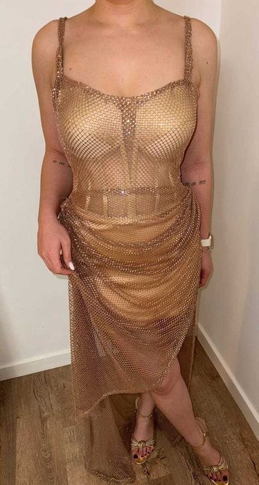 Rochie de seara - culoare rose gold / cupru - material plasa pietre