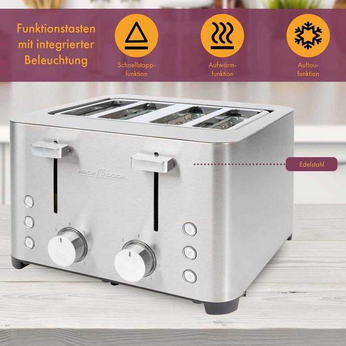 Тостер ProfiCook | Тостер за 4 филии | Корпус от неръждаема стомана | 1500 вата | Широк отвор | Приставка за хлебчета 7 нива на изпичане |