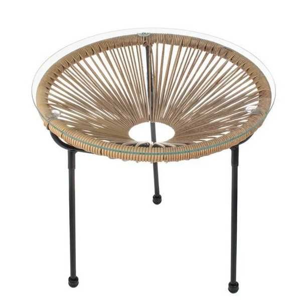 Маса за градина, Метална масичка с ратан и стъкло, 3 крачета, 50x50 см