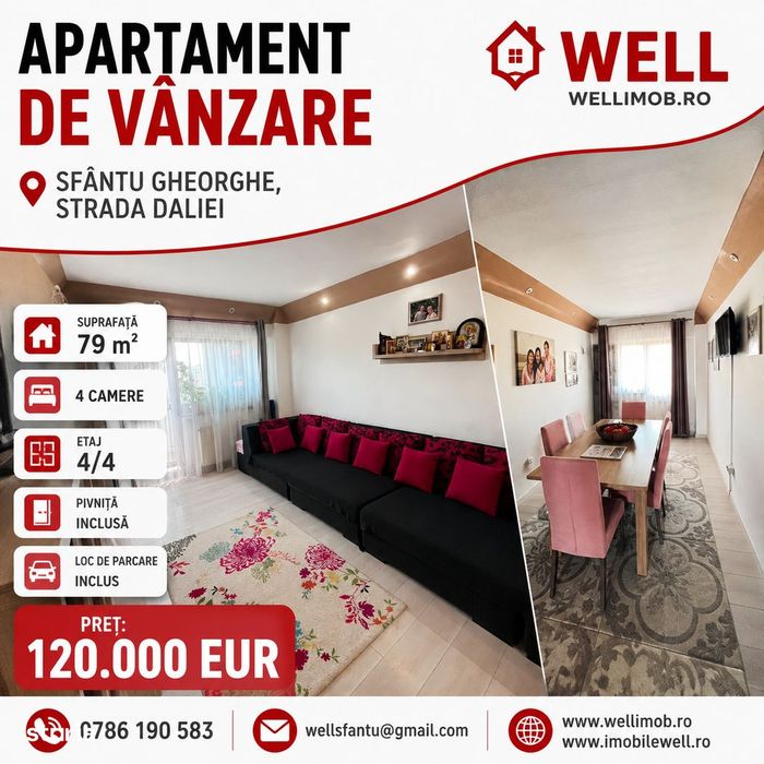 Apartament cu 4 camere de vânzare în Sfântu Gheorghe, pe str Daliei!