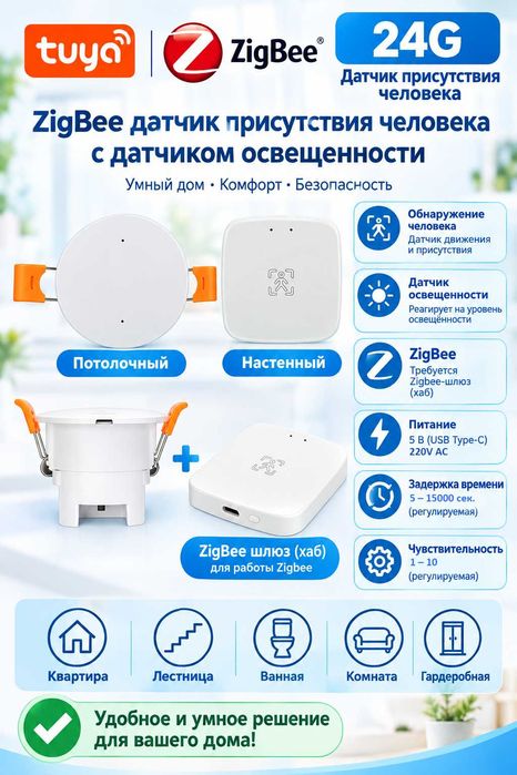 Умный датчик присутствия Tuya 24 ГГц — Wi-Fi и Zigbee
