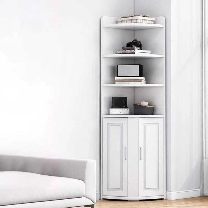 Biblioteca pentru colt cu 4 polite si dulap 2 usi, 180x50x50cm, alb