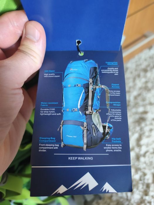 Rucsac nou trekking MOUNTAINTOP 70L verde cu husă de ploaie, unisex, ideal pentru drumeții și camping