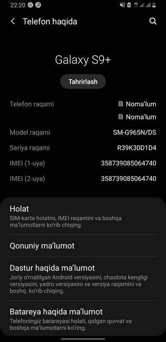 Samsung s9plus sotiladi narx 500min