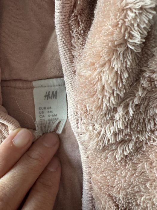 Jachetă pufoasă H&M cu urechiușe, roz pudrat, 68 cm