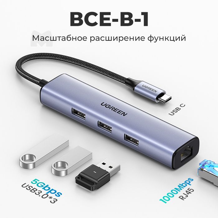 Ugreen USB-концентратор CM-475 Usb-C to 3*USB 3,0 Hub+RJ45 1000mb