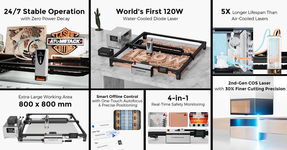 ATOMSTACK Glacier 90W 120W 800/800mm ВОДНО ОХЛАЖДАНЕ + ПОДАРЪК 100€ LightBurn CNC лазер лазерно гравиране рязане