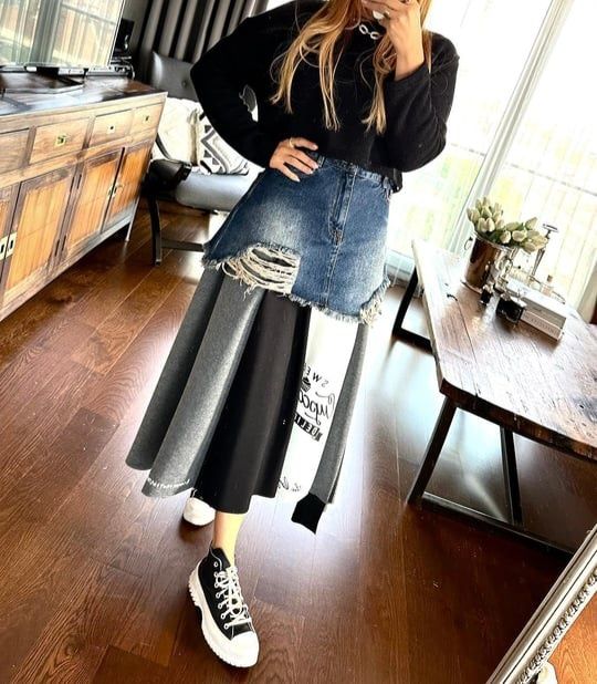 TW3 Дамска дълга пола с деним и плат