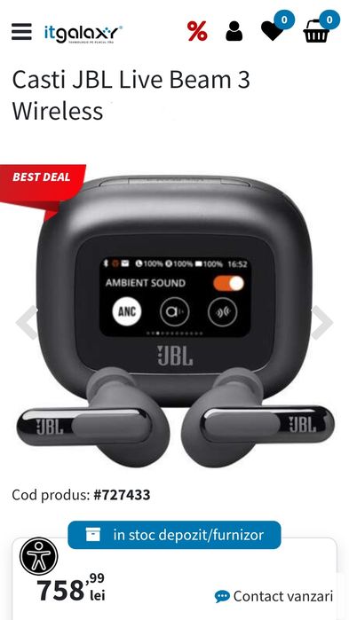 Casti In-Ear JBL Live Beam 3, True Wireless, Bluetooth 5.3, Hi-Res, Smart Case, True Adaptive NC, Autonomie 48H, Multi-point, IP55, Albastru, SIGILAT