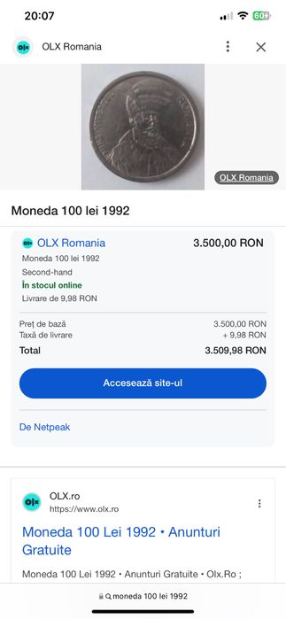 Vand moneda 100 lei 1992