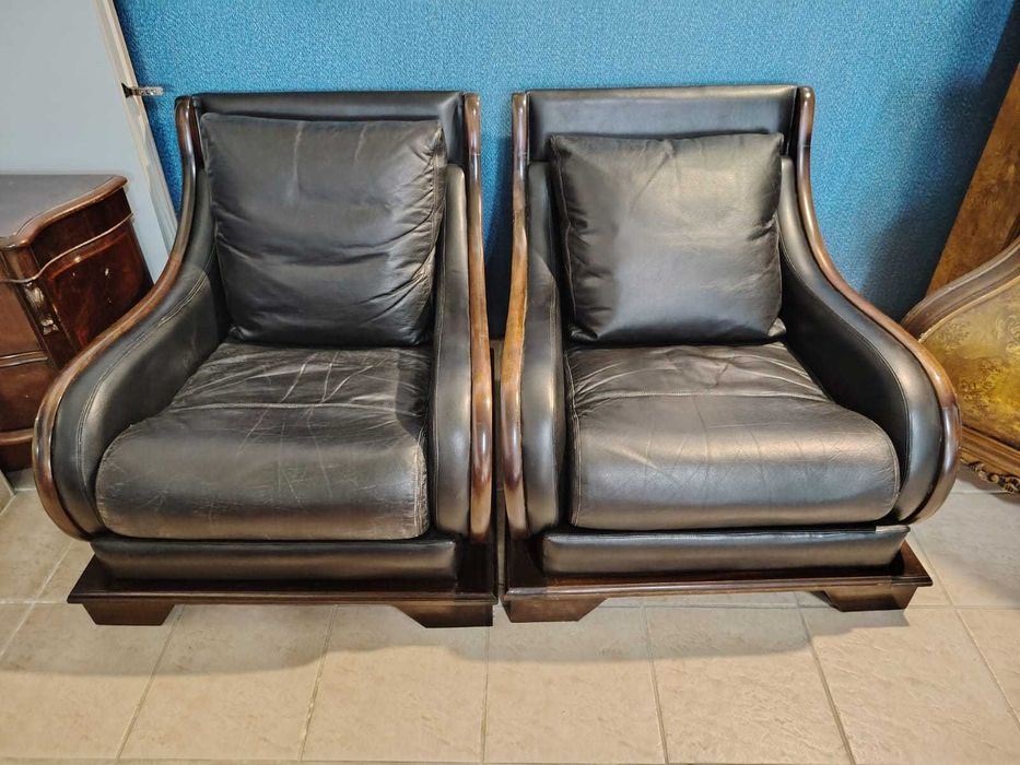 Set rar canapea si 2 fotolii lemn tec mahon piele naturala Danemarca