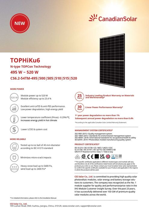 Panouri fotovoltaice Canadian Solar 510W TOPHiKu6(CS6.2-54TM-510)