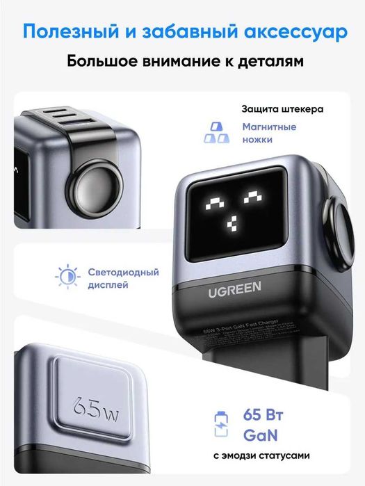 Зарядное устройство UGREEN 65W GaN 3 порта быстрая зарядка