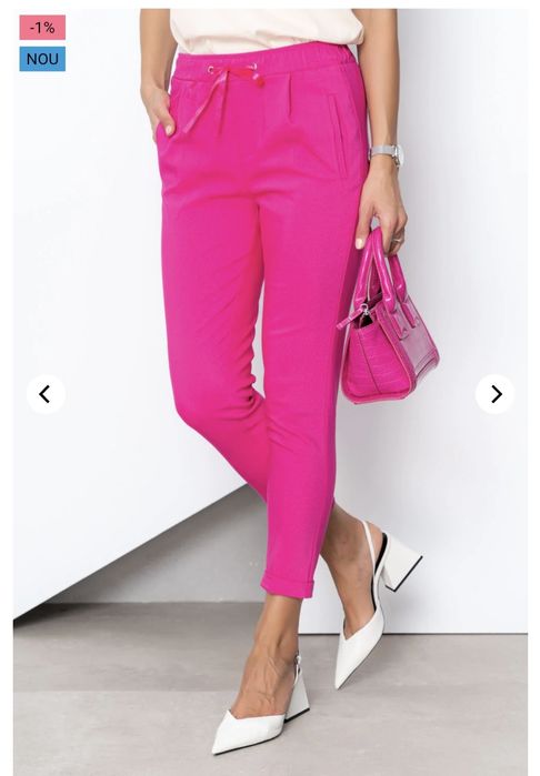 Pantaloni fucsia, model cu buzunare, talie elastica, din bumbac