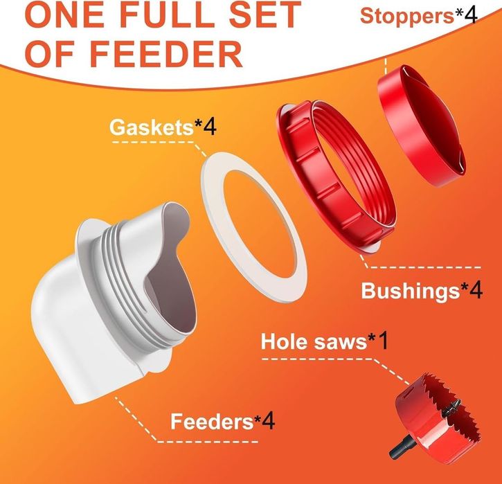 Hrănitoare pentru pui fără risipă, sistem cu gravitație pentru găleți