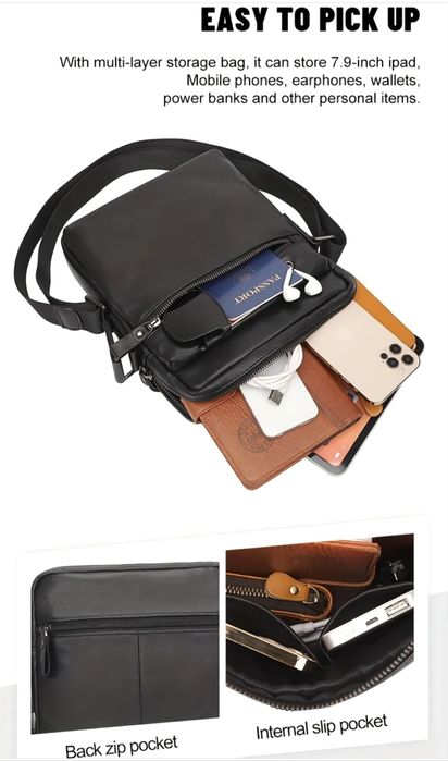 Мъжка,елегантна и стилна кросбоди чанта/Черна естест.кожа -18%Промоция