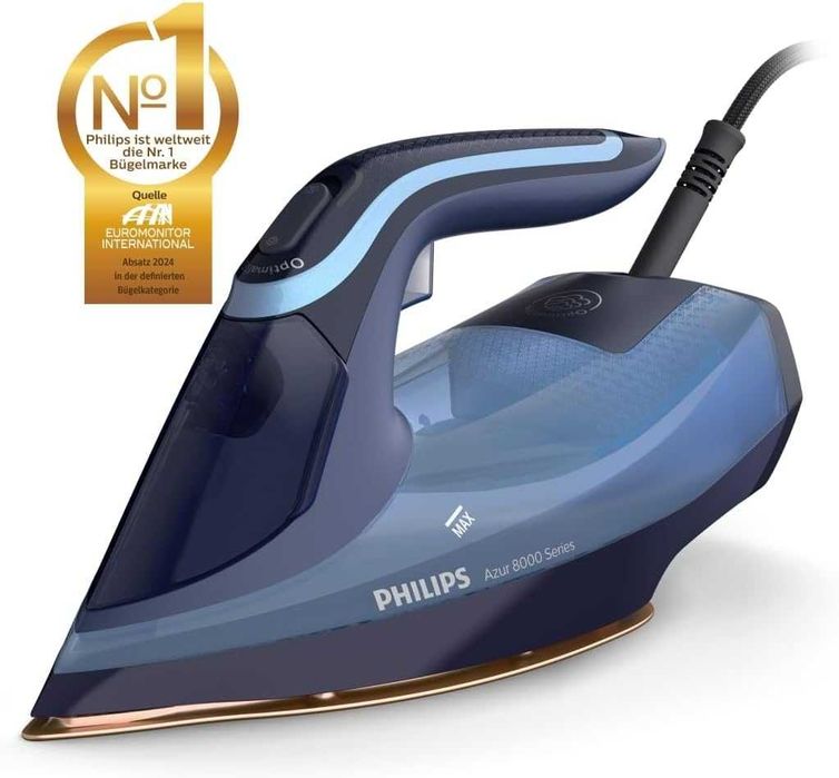 Парна ютия Philips 8000, Синя, 3000 W | 55 г/мин непрекъсната пара, 240 г парен удар, гладеща повърхност SteamGlide Elite, OptimalTEMP