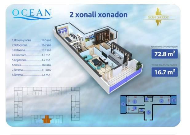 Xonsaroy Ocean turar-joy majmuasida 2 xonali kvartira sotiladi.
Hudud: