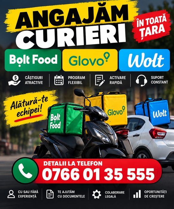 Angajam curieri Bolt Food Glovo Wolt, livratori delivery, castiguri bune, program flexibil Cluj Napoca