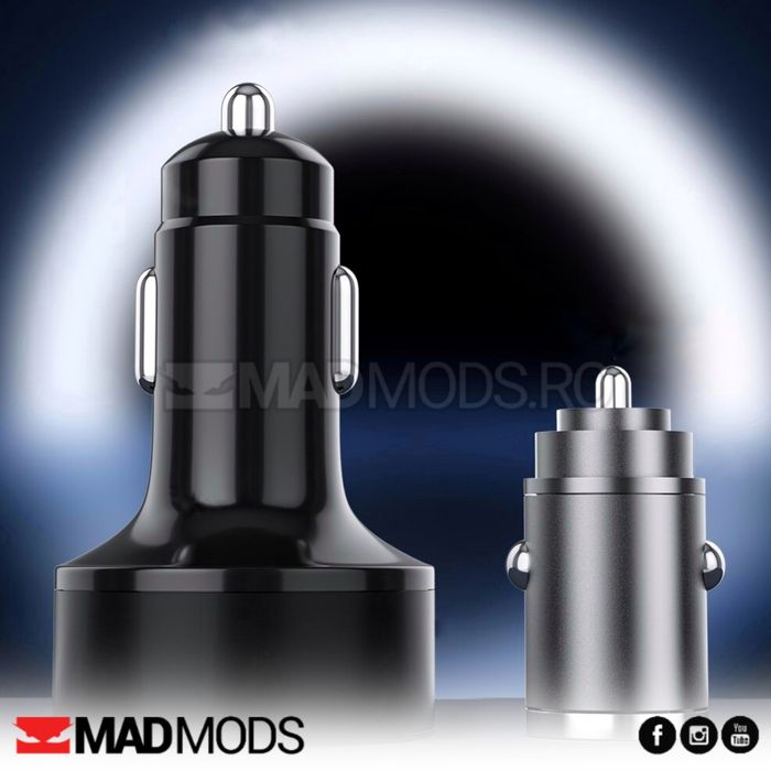 Incarcator auto mini slim Fast charge 100W, USB A si USB Tip C, Negru