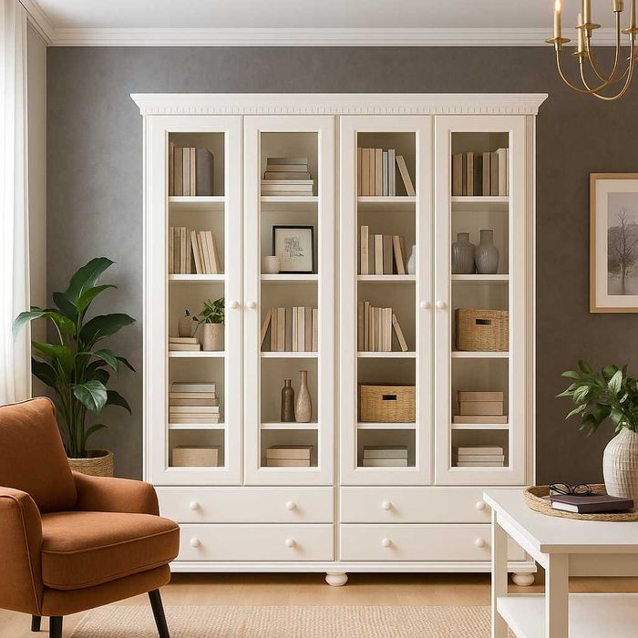 Vitrina biblioteca din lemn masiv Bucovina, dubla, usi cu sticla