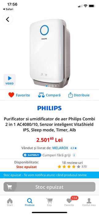Purificator aer&umidificator 2in1 Philips AC4080 2xfiltru Hepa+carbune