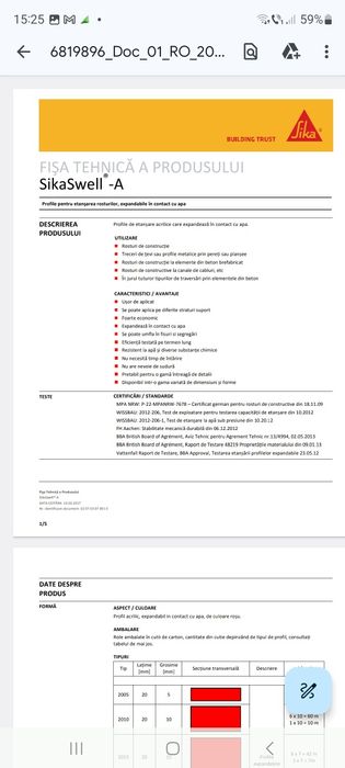 Profil expandabil pentru etanșarea rosturilor din beton Sika Swell A 2