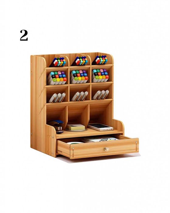 Дървен органайзер за бюро с чекмедже и многосекционно съхранение