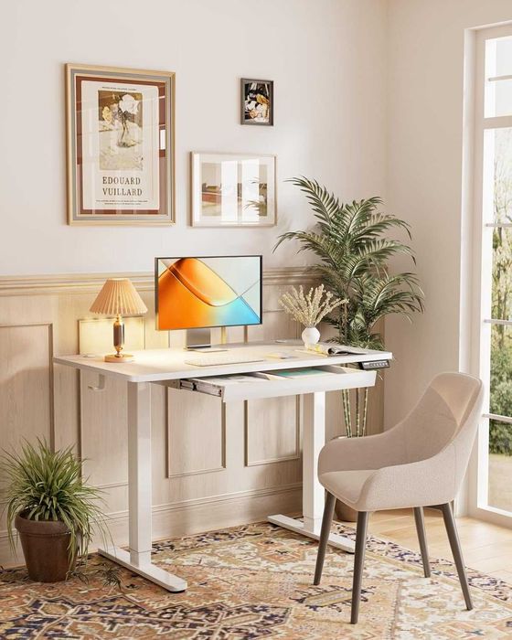 Birou electric reglabil 120x60 cm cu sertar – standing desk, memorie, alb - LIVRARE GRATUITA !!!