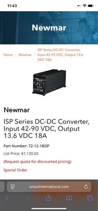 ISP Series DC-DC Converter, Input 42-90 VDC, Output 13.6 VDC 18A