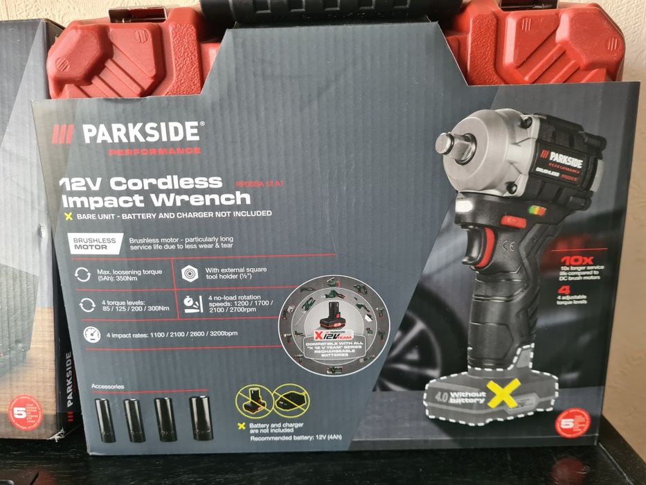 Комплект Гайковерт Parkside Performance 12V с батерия 5ah, накрайници и вложки