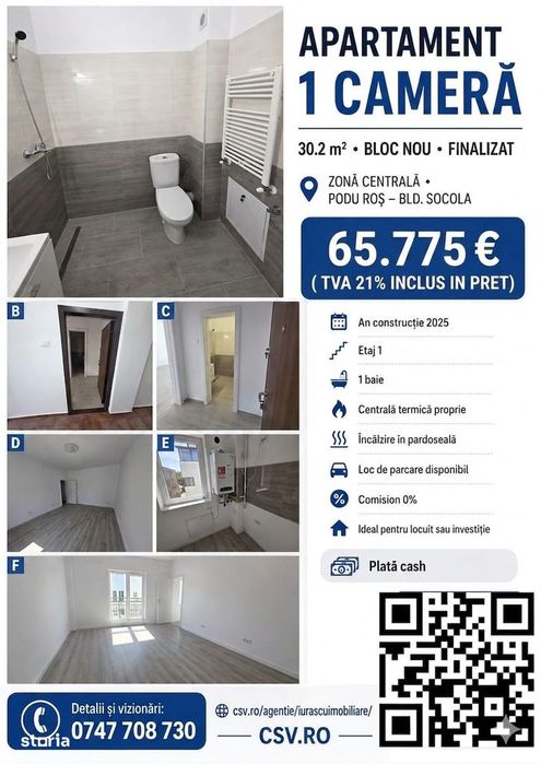 BLOC NOU apartament  1 camera FINALIZAT  Podu Ros Bld.Socola( Bularga)