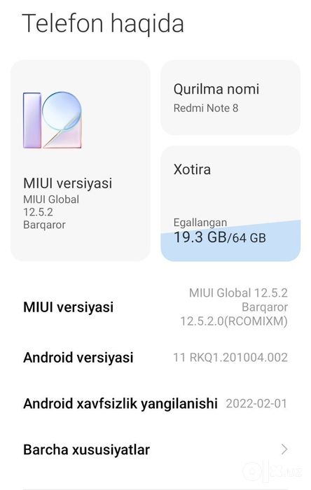 Redmi note 8 bir qo'l ishlatilgan