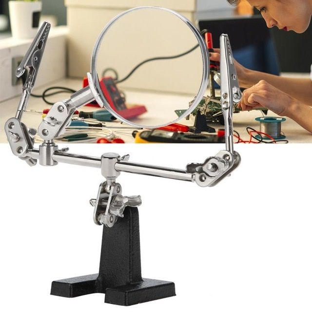 Лупа за ремонтиране 60 мм със стойка и щипки - трета помощна ръка