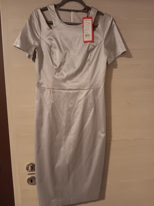 Сребрист дамски костюм, рокля и сако, Etere, с етикет