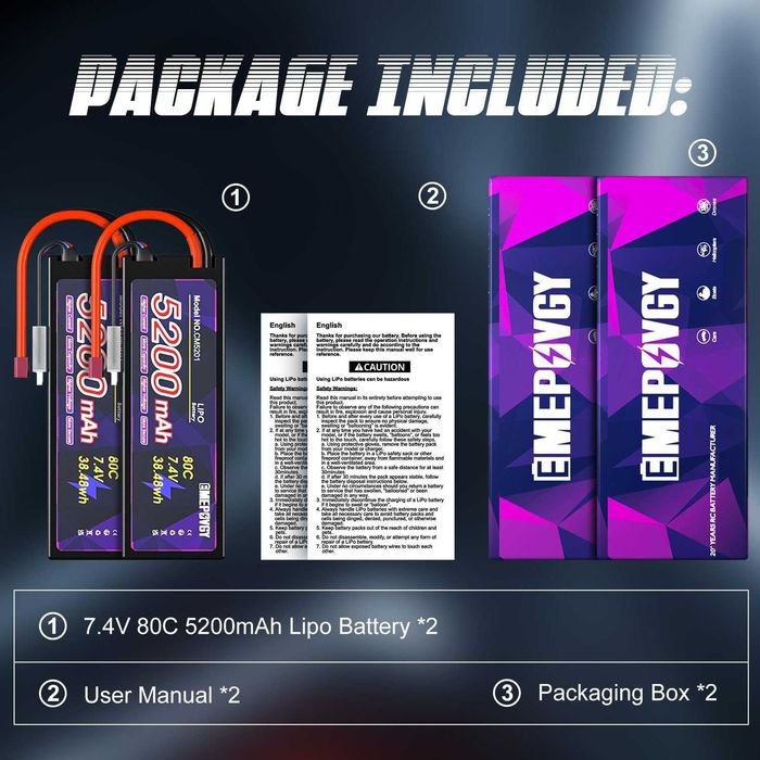 Baterii Lipo 7.4V 2S 5200mAh 80C Lipos, conector T  vehicule RC 1/8 1/10,pachet 2buc,sigilat