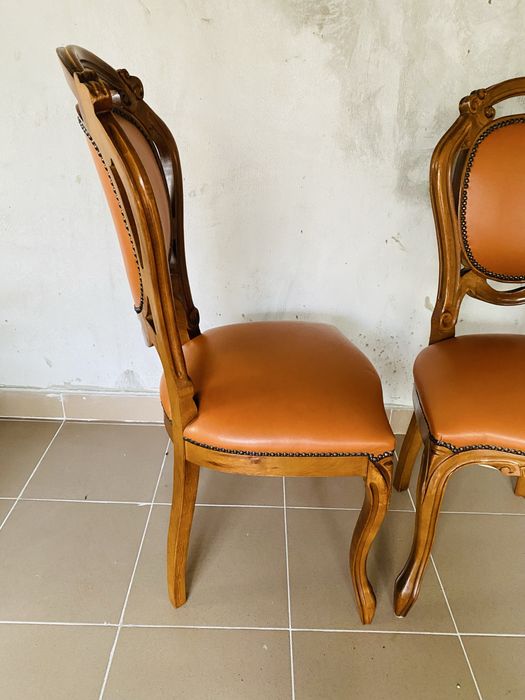 Set 2 Scaune Vintage Lemn Masiv Piele Sculpturi