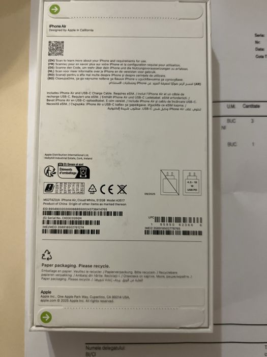 Iphone 17 Air 512GB/cloud white/Sigilat/Factura