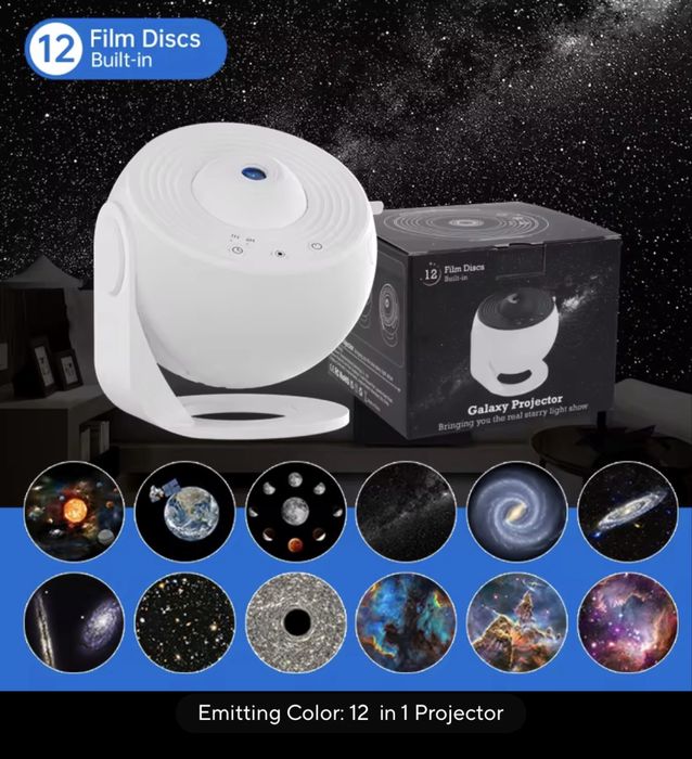 Proiector galaxie LED 360° – lampă de noapte copii, 12 discuri – NOU