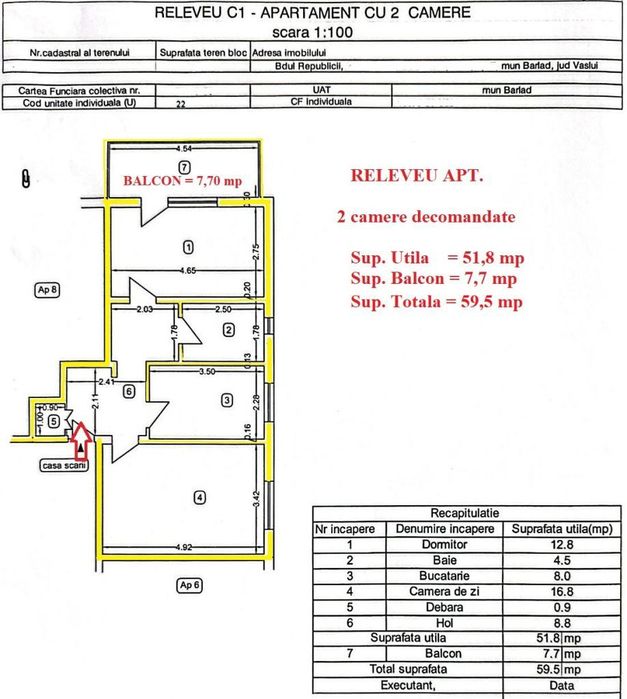 Apartament 2 camere de vanzare, ultracentral, B-dul Republicii, Barlad