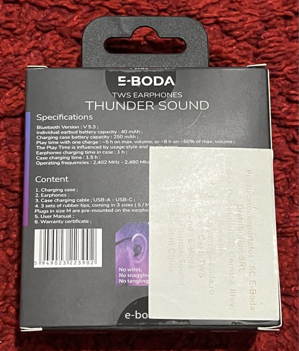 Casti TWS E-Boda Thunder Sound, Wireless, Bluetooth, Negru, SIGILAT