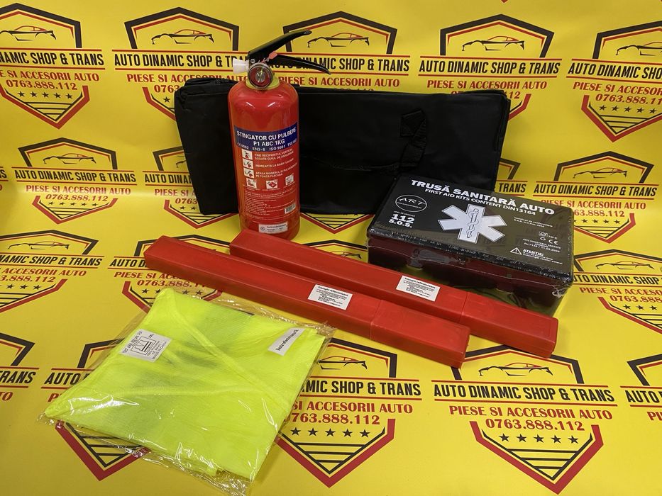 Kit legislativ auto extinctor manometru trusa medicala triunghi vesta