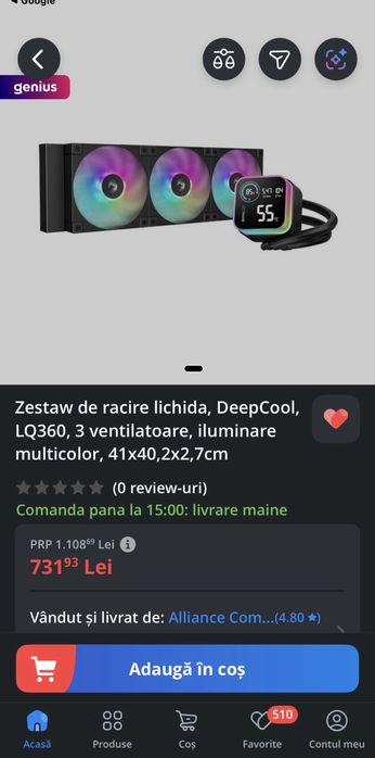 Cooler lichid  rgb AMD / INTEL Deepcool LQ360 sigilat NOU