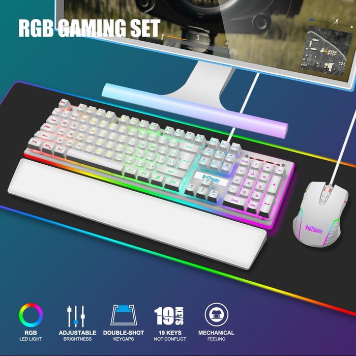 Set Tastatură și Mouse Gaming RedThunder K10 Iluminare RGB Ergonomică – Alb