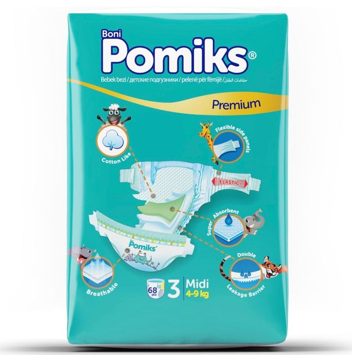 Scutece bebelusi POMIKS 3 Midi (4-9kg) 68 buc. Pampers