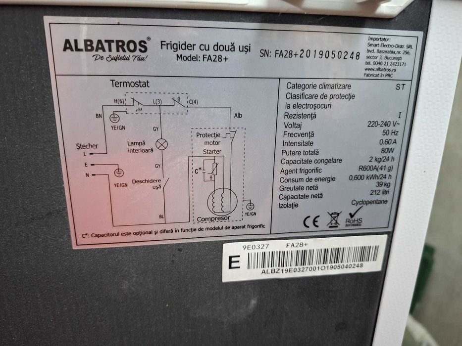 Vând Frigider cu 2 uși Albatros FA28+, Clasa A+, în stare foarte bună