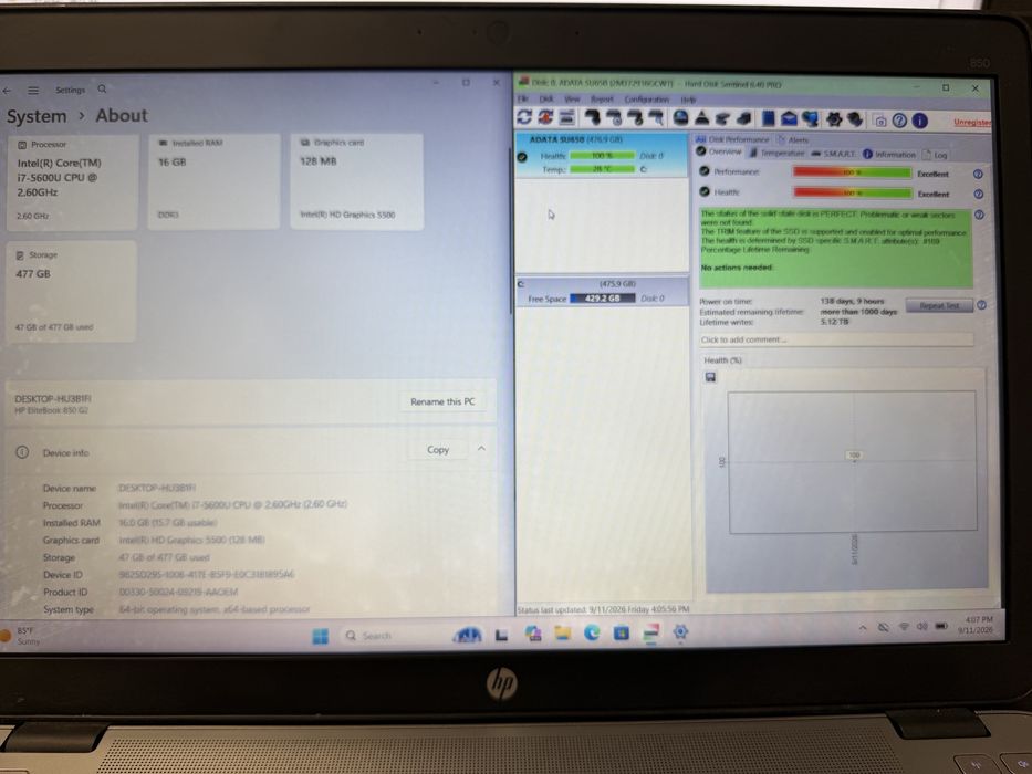 Laptop HP EliteBook 850, 15.6” FullHD, Intel i7-5600U, 16GB RAM, 512GB SSD, W11P