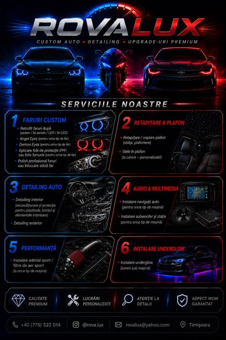 Detailing auto, Retapitare stâlpi/plafon, colantare elemente interioare, montaj kit starlight/underglow