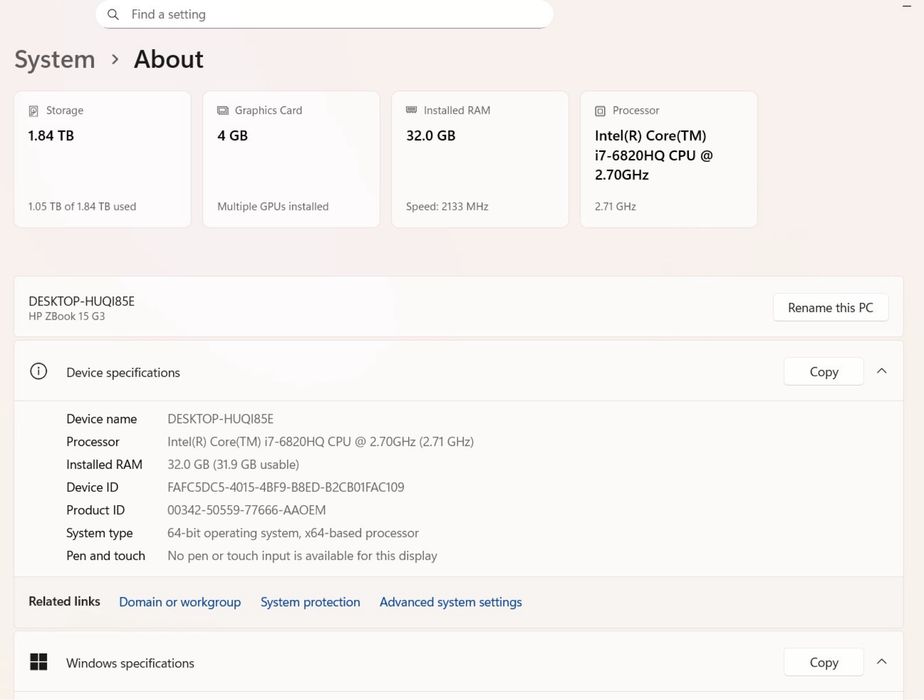 HP ZBook 15 G3 | i7 | 32GB RAM | SSD 512GB