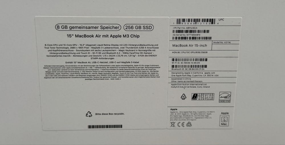 НОВ!!! Лаптоп Apple MacBook Air 15”, чип M3, 8GB RAM, 256GB SSD, Midn.